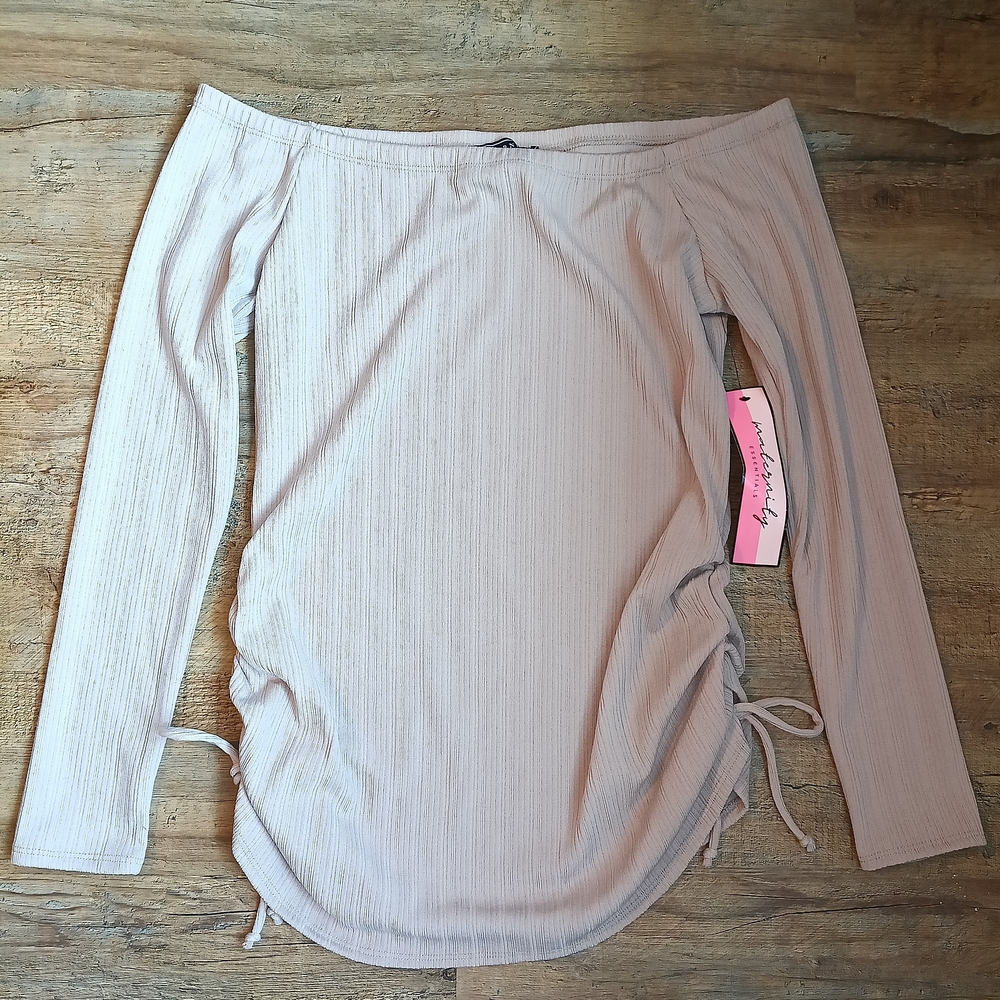 Maternity Vibes Off-Shoulder Tan Long Sleeve Top Size Large